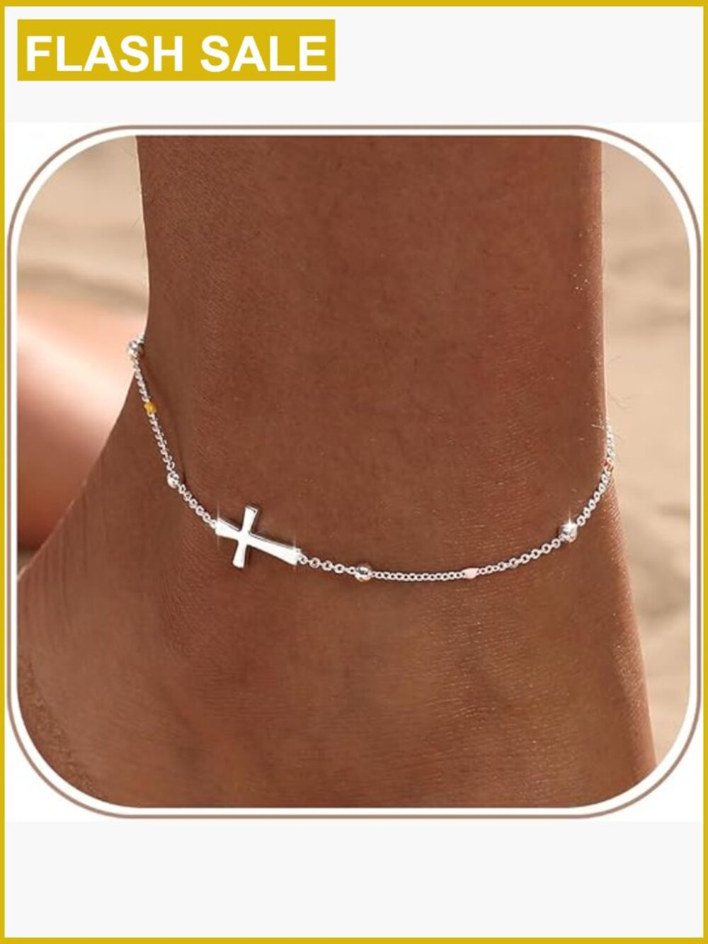 14K Gold Plated Cross Bead Anklet Waterproof Adjustable Dainty Summer Beach - Picture 1 of 7
